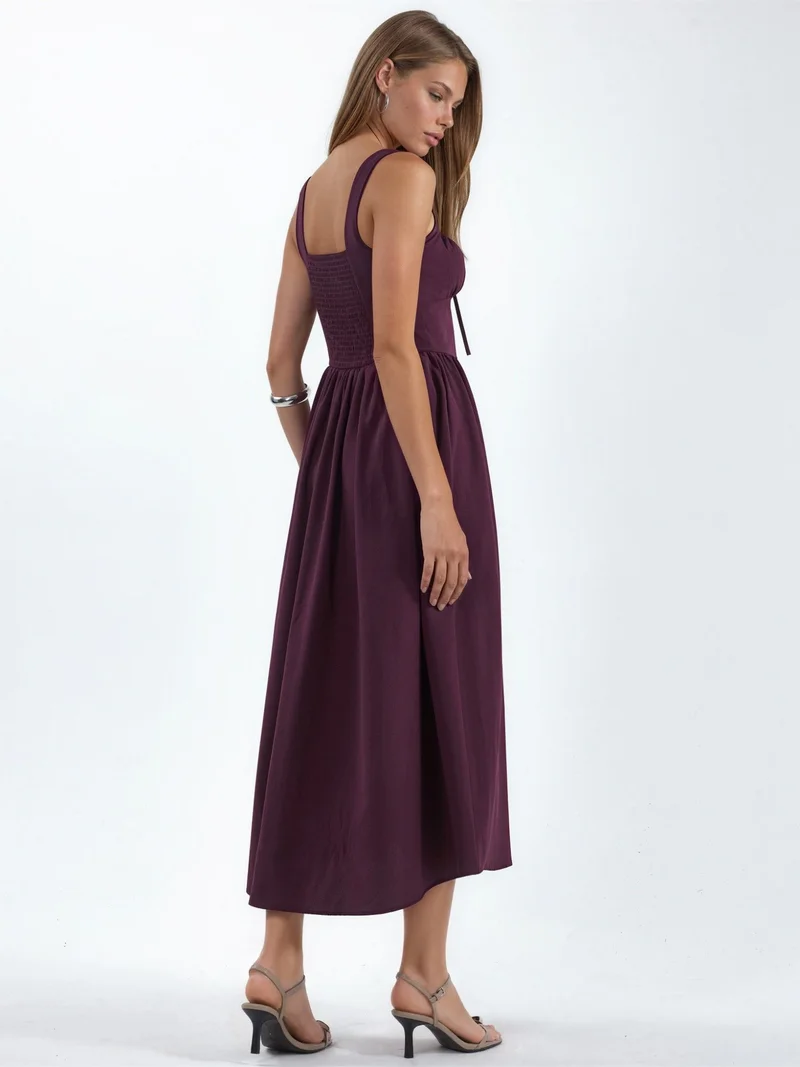 بوسيم BUSEM Midi Dress with Square Collar and Button Detail