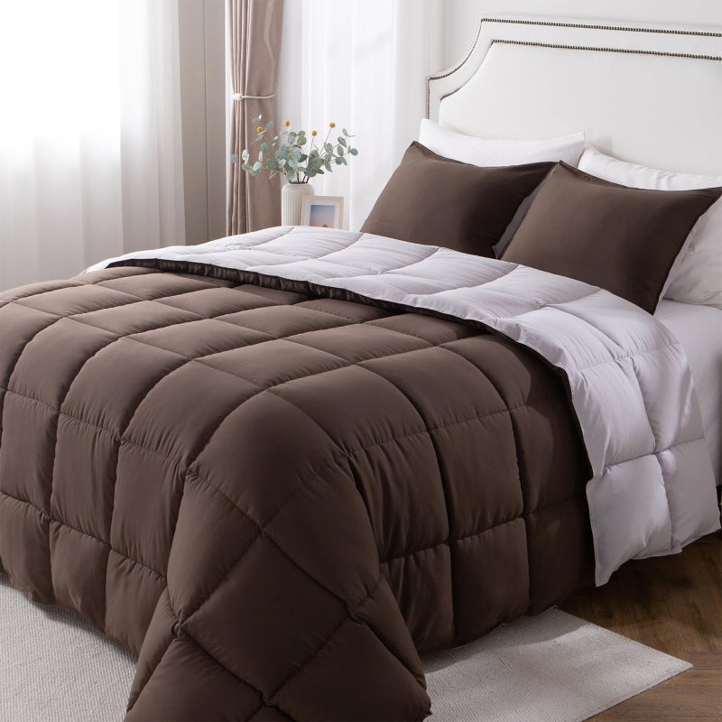 KASENTEX Reversible No-Shrink Queen Size Comforter Set with 2 Shams - Down Alternative Duvet Insert with Corner Ties, Lightweight, Ultra Soft, Machine Washable, All-Seasonï¼ˆSilver/Chocolate Brownï¼‰ - Image 1