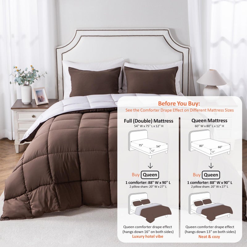 KASENTEX Reversible No-Shrink Queen Size Comforter Set with 2 Shams - Down Alternative Duvet Insert with Corner Ties, Lightweight, Ultra Soft, Machine Washable, All-Seasonï¼ˆSilver/Chocolate Brownï¼‰ - Image 3