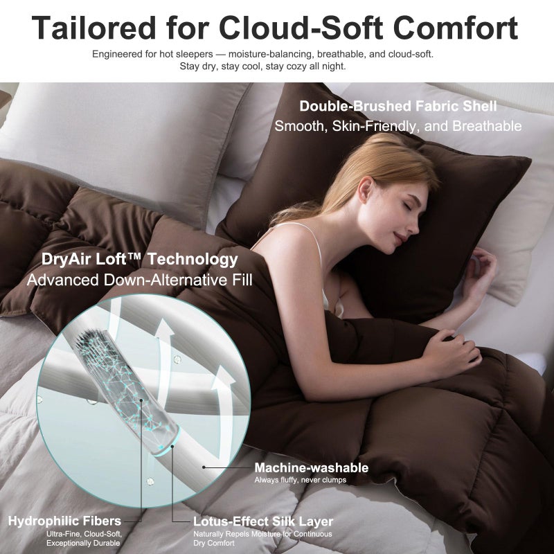 KASENTEX Reversible No-Shrink Queen Size Comforter Set with 2 Shams - Down Alternative Duvet Insert with Corner Ties, Lightweight, Ultra Soft, Machine Washable, All-Seasonï¼ˆSilver/Chocolate Brownï¼‰ - Image 4