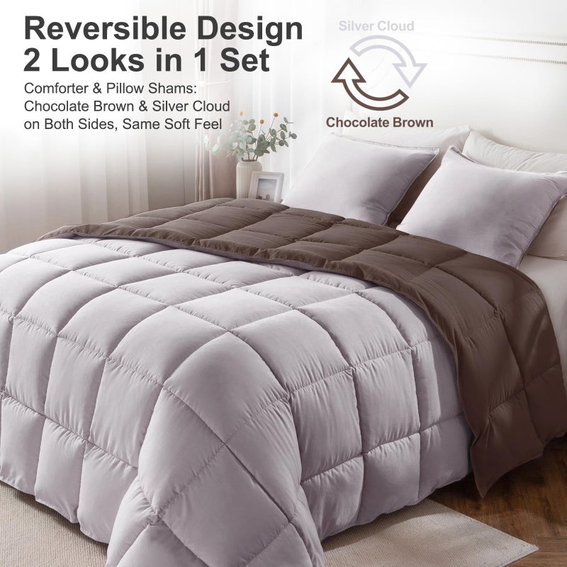 KASENTEX Reversible No-Shrink Queen Size Comforter Set with 2 Shams - Down Alternative Duvet Insert with Corner Ties, Lightweight, Ultra Soft, Machine Washable, All-Seasonï¼ˆSilver/Chocolate Brownï¼‰ - Image 2