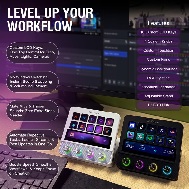 VSDINSIDE Macro Pad, Streaming Deck Stream Controller Soundboard Keypad, Programmable Keys USB Shortcut Keyboard for Gamer Streamer, Audio Mixer for OBS, YouTube, Office Desk Setup, PC, Mac - Image 3