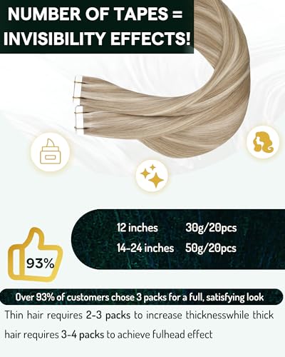 RUNATURE Blonde Tape in Hair Extensions Human Hair Straight Seamless Tape in Remy Human Hair Extensions Ash Brown with Platinum Blonde Thick Full Ends 12 Inch 30g 20pcs - Image 4