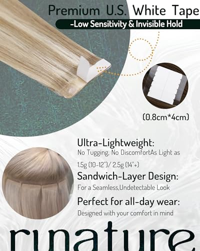 RUNATURE Blonde Tape in Hair Extensions Human Hair Straight Seamless Tape in Remy Human Hair Extensions Ash Brown with Platinum Blonde Thick Full Ends 12 Inch 30g 20pcs - Image 3