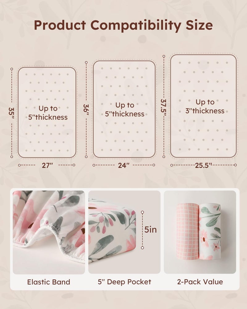 Yoofoss Pack and Play Sheets Girl 2 Pack, 38x26 Mini Crib Sheets Fitted for Baby Compatible with Graco Pack n Play Mattress,Ultra Soft Breathable Microfiber Pink Floral - Image 4