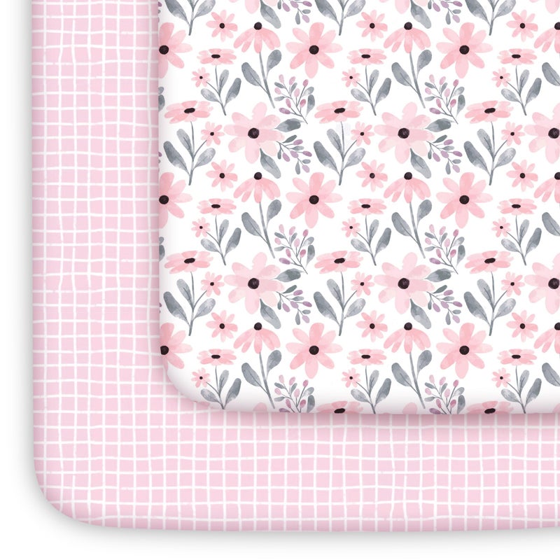 Yoofoss Pack and Play Sheets Girl 2 Pack, 38x26 Mini Crib Sheets Fitted for Baby Compatible with Graco Pack n Play Mattress,Ultra Soft Breathable Microfiber Pink Floral - Image 1