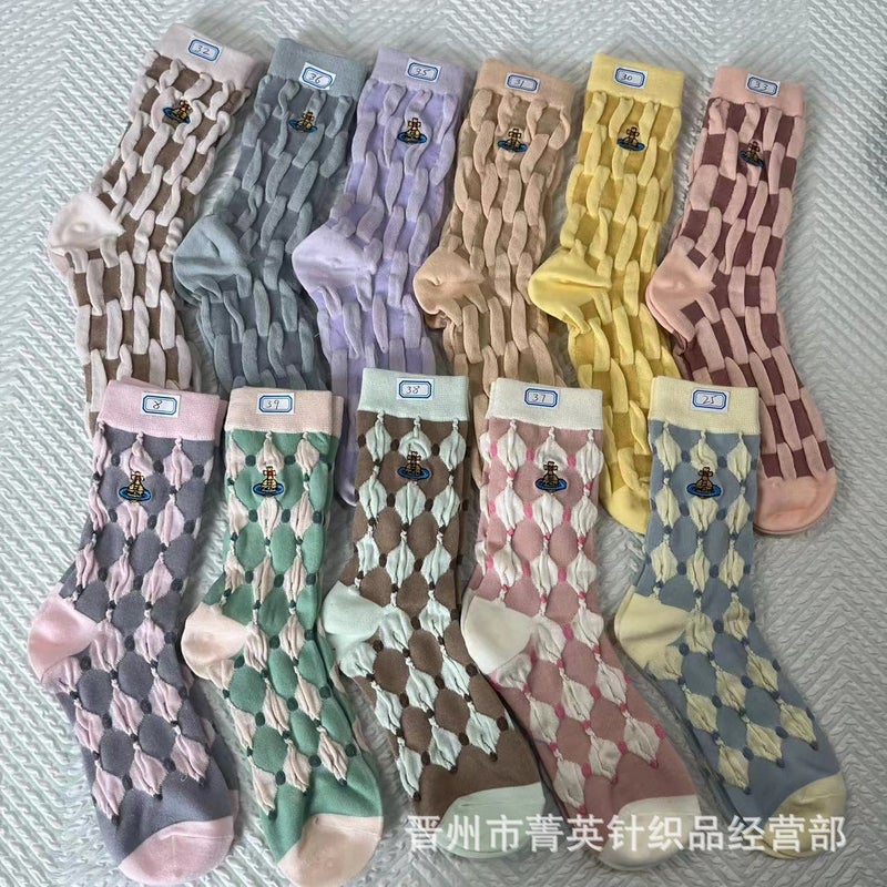 Saturn Empress Socks, Japanese Style New Embossed Bubble Mid-Calf Women'S Socks, Embroidered Plaid Color-Block Trendy Socks - Image 2