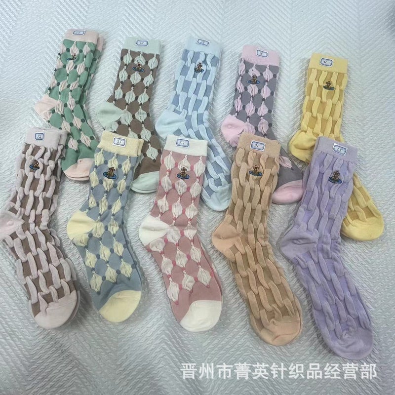 Saturn Empress Socks, Japanese Style New Embossed Bubble Mid-Calf Women'S Socks, Embroidered Plaid Color-Block Trendy Socks - Image 4