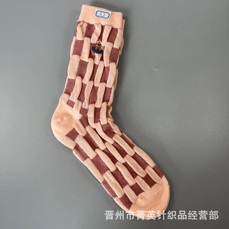 Saturn Empress Socks, Japanese Style New Embossed Bubble Mid-Calf Women'S Socks, Embroidered Plaid Color-Block Trendy Socks - Image 1