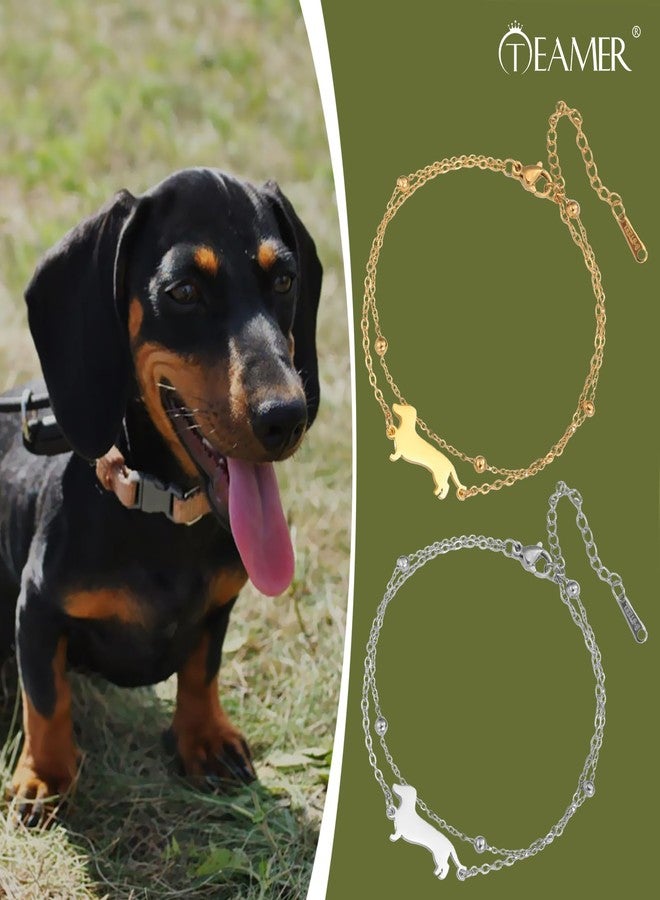 TEAMER Cute Dachshund Bracelet Resizable Dachshund Double Chain Bracelet Stainless Steel Dachshund Lover Pet Animal Jewelry For Women (Gold) - Image 2
