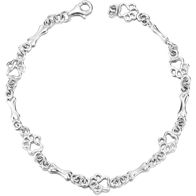 Love Silver 925 Sterling Dog Bone and Paw Print Link Charm Bracelet for Dog LSCB20 - Image 1