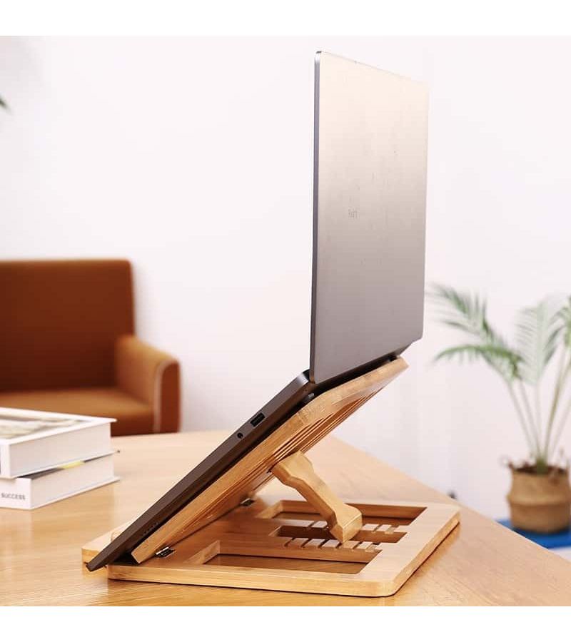 Retro Color Wooden Foldable Laptop Stand Desktop Riser with Cooling Base - Image 1