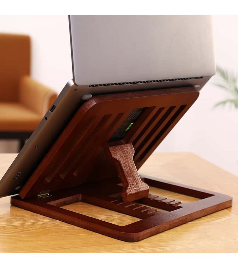 Retro Color Wooden Foldable Laptop Stand Desktop Riser with Cooling Base - Image 4