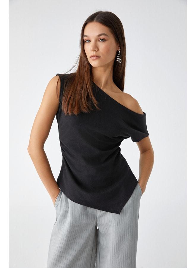 GRIMELANGE Rehinga Women's 100% Cotton Fitted Asymmetric Neck Regular Fit Short Sleeve Black Blouse. - Image 1