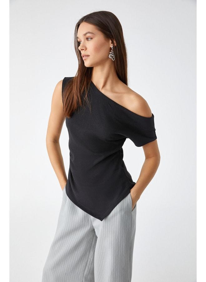 GRIMELANGE Rehinga Women's 100% Cotton Fitted Asymmetric Neck Regular Fit Short Sleeve Black Blouse. - Image 3