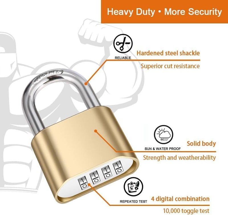 SOLDTRUE Heavy Duty 4-Digit Combination Brass Padlock | Hardened Steel Shackle Weatherproof Security Lock | Sun & Water Resistant Lock for Gates, Locker, Shed & Storage (Gold) - Image 2