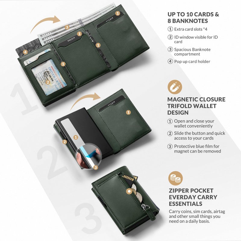 VULKIT Card Holder Wallet with Coin Pocket Magnetic Closure Pop Up Cards With ID Window Leather Wallet for Cash & Credit Cards, Olive - Image 2