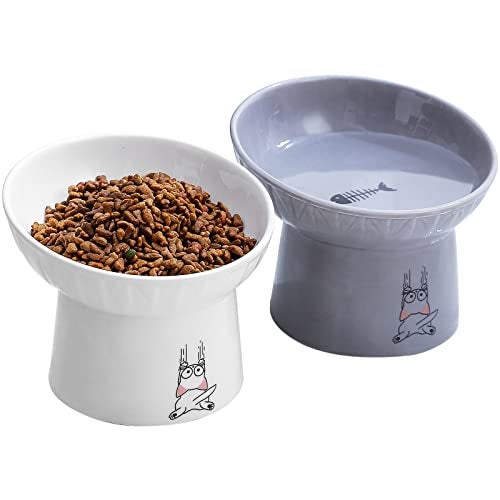 OMAYKEY 65 Inch Extra Wide Ceramic Raised Cat Bowl Set Tilted Elevated Cat Bowls for Food and Water Prevent Whisker Fatigue Stress Free Less Vomiting Protect Spine White Grey - Image 2