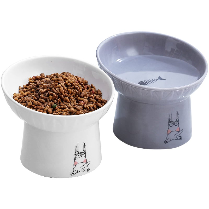 OMAYKEY 65 Inch Extra Wide Ceramic Raised Cat Bowl Set Tilted Elevated Cat Bowls for Food and Water Prevent Whisker Fatigue Stress Free Less Vomiting Protect Spine White Grey - Image 3