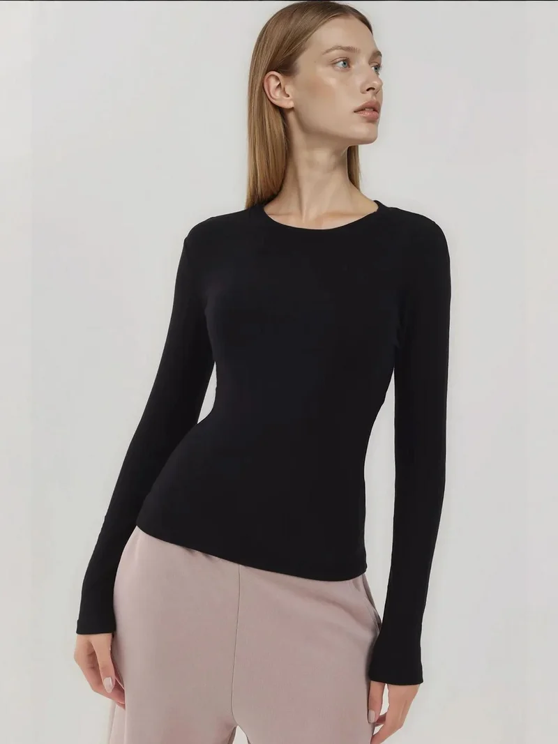 HICCUP Ultra Soft Touch Slim Fit Crew Neck Long Sleeve Basic Top