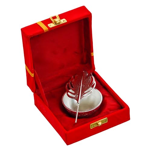 Webelkart Premium Silver Plated Kumkum Box Leaf With Red Velvet Box | roli Tikka Holder for Home and Puja Room (5.11" Inches) - Image 4