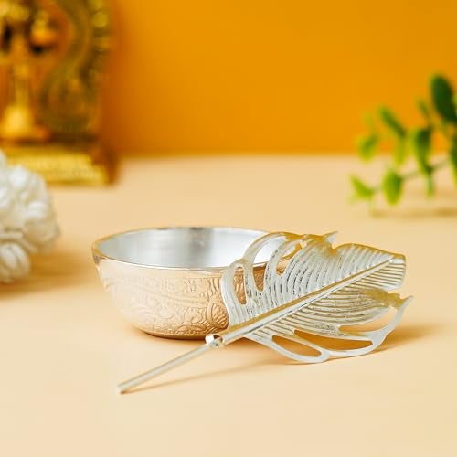 Webelkart Premium Silver Plated Kumkum Box Leaf With Red Velvet Box | roli Tikka Holder for Home and Puja Room (5.11" Inches) - Image 2