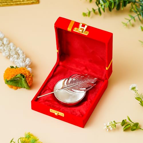 Webelkart Premium Silver Plated Kumkum Box Leaf With Red Velvet Box | roli Tikka Holder for Home and Puja Room (5.11" Inches) - Image 1