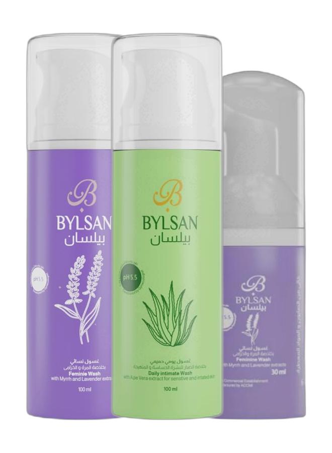 BYLSAN Daily Wash with Aloe Vera – 100 ml & BYLSAN Myrrh & Lavender Feminine Wash – 100 ml | With Intimate Wash 30 ml For Free - Image 1
