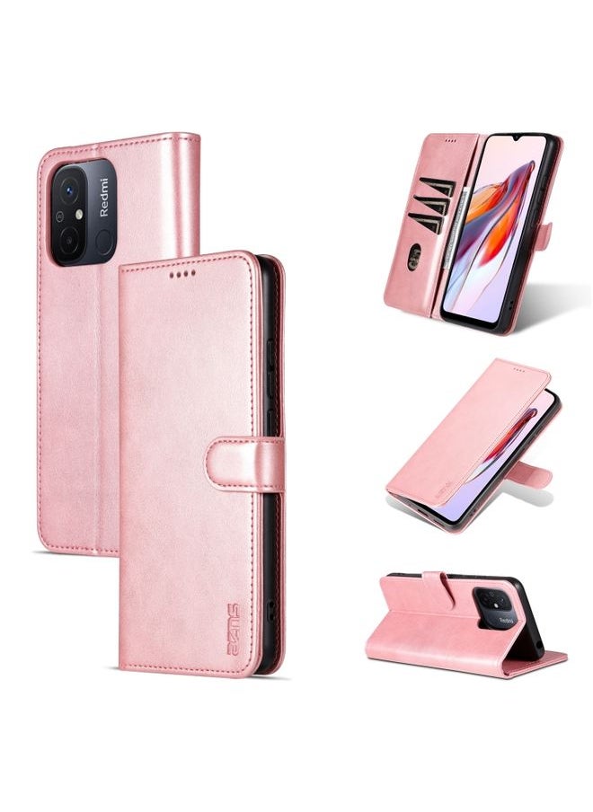 HuHa Case Cover For Xiaomi Redmi 12C / Redmi 11A / Poco C55 AZNS Skin Feel Calf Texture Flip Leather Phone Case Rose Gold 