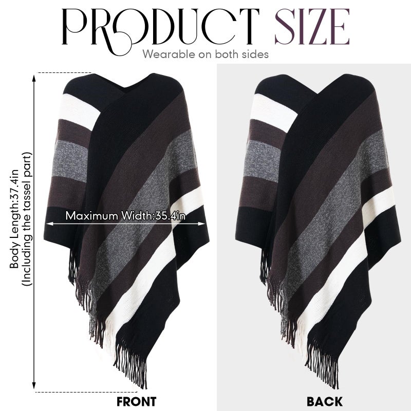 Cutecrop Women's Striped Poncho Tops with Fringe, Soft Knitted Shawl Wraps Elegant Sweater Open Front for Fall Winter(Black White) - Image 2