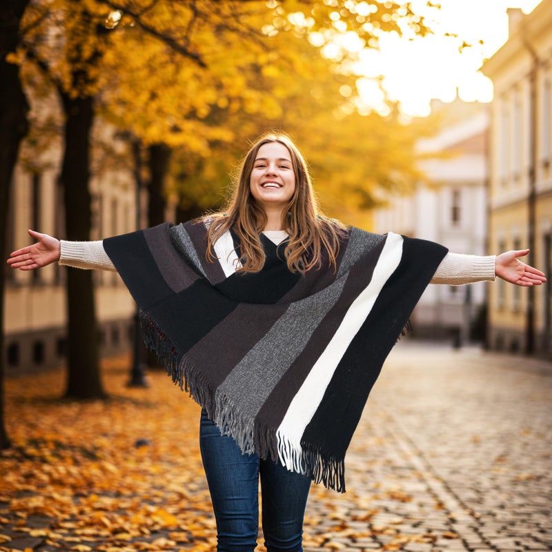 Cutecrop Women's Striped Poncho Tops with Fringe, Soft Knitted Shawl Wraps Elegant Sweater Open Front for Fall Winter(Black White) - Image 4