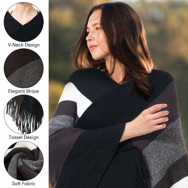 Cutecrop Women's Striped Poncho Tops with Fringe, Soft Knitted Shawl Wraps Elegant Sweater Open Front for Fall Winter(Black White) - Image 3