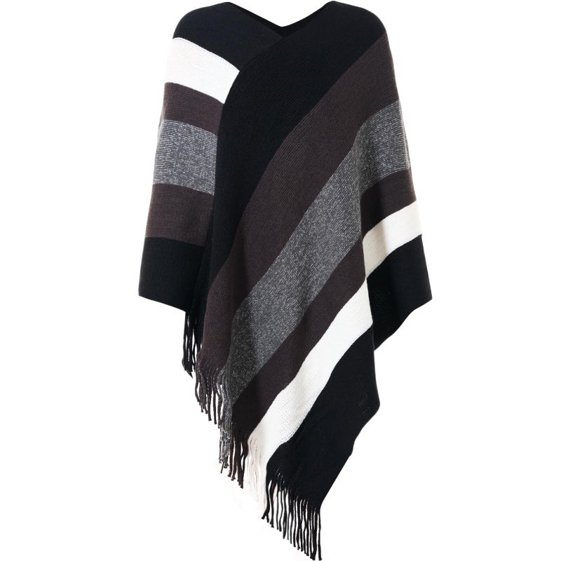 Cutecrop Women's Striped Poncho Tops with Fringe, Soft Knitted Shawl Wraps Elegant Sweater Open Front for Fall Winter(Black White) - Image 1