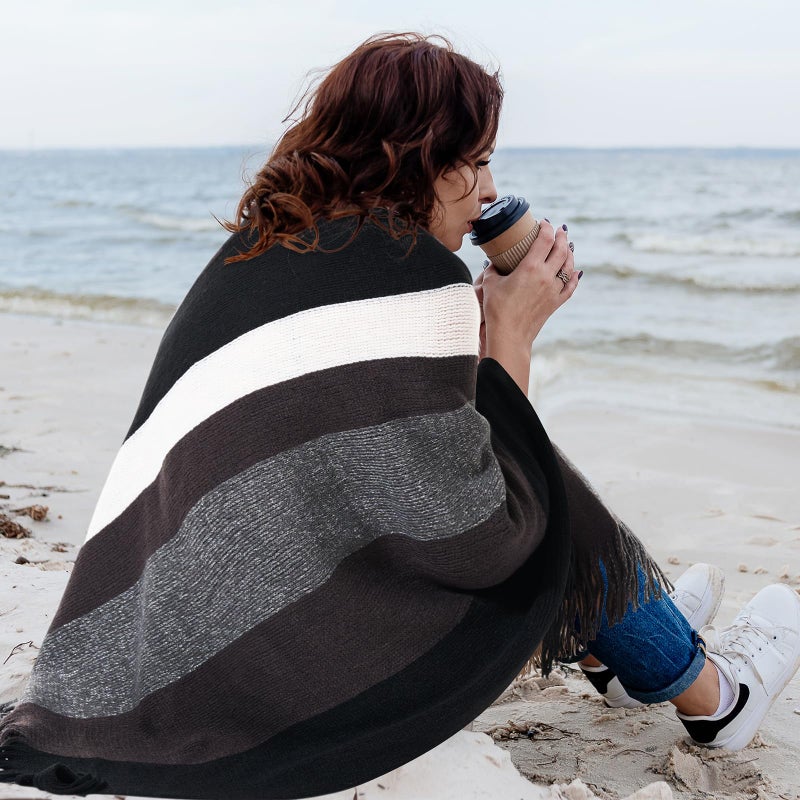 Cutecrop Women's Striped Poncho Tops with Fringe, Soft Knitted Shawl Wraps Elegant Sweater Open Front for Fall Winter(Black White) - Image 5