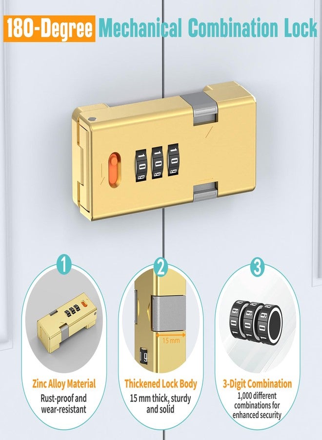 YogePote 180 Degree Cabinet Locks with Combination, Ajustable Keyless Sliding Barn Door Lock, Mechanical Password Closet Lock for Cupboard, Pantry Door - Security Zinc Alloy Latch (Gold, 180°-1PC) - Image 3
