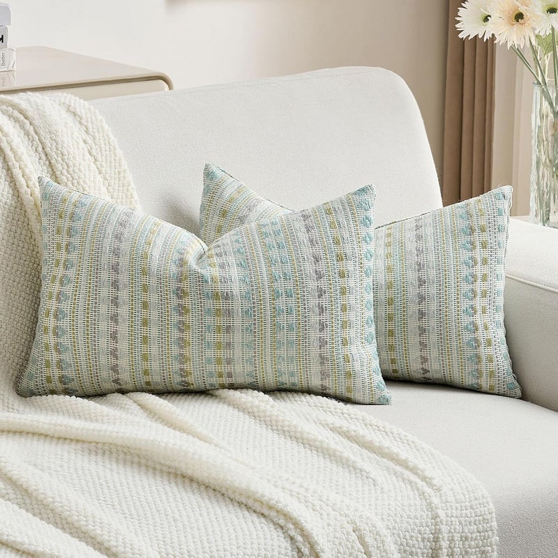 FUTEI Green Blue Decorative Throw Pillow Covers 12x20 Inch Set of 2,Soft Cozy Chenille Jacquard Textured Pillow Case,Boho Home Decor for Couch Bed Living Room - Image 1