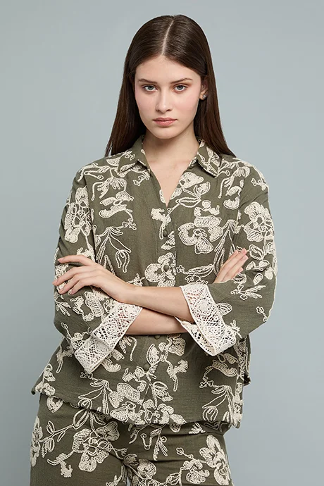 أر أند بي Printed Shirt with Classic Collar and Long Sleeves