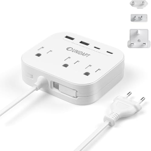 Unidapt UK European Plug Adapter, Unidapt US to Europe Power Strip for EU/UK/US with Built in USB C Cord and 4 USB Ports, 3 AC Outlets, Wall Mountable, 5ft Extension Cord, for Travel Cruise Ship Home - Image 1