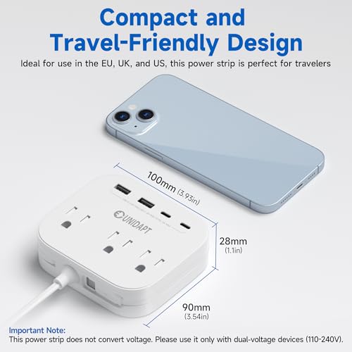 Unidapt UK European Plug Adapter, Unidapt US to Europe Power Strip for EU/UK/US with Built in USB C Cord and 4 USB Ports, 3 AC Outlets, Wall Mountable, 5ft Extension Cord, for Travel Cruise Ship Home - Image 3