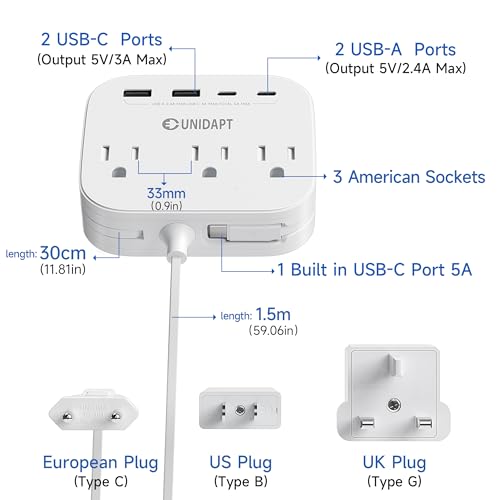 Unidapt UK European Plug Adapter, Unidapt US to Europe Power Strip for EU/UK/US with Built in USB C Cord and 4 USB Ports, 3 AC Outlets, Wall Mountable, 5ft Extension Cord, for Travel Cruise Ship Home - Image 2