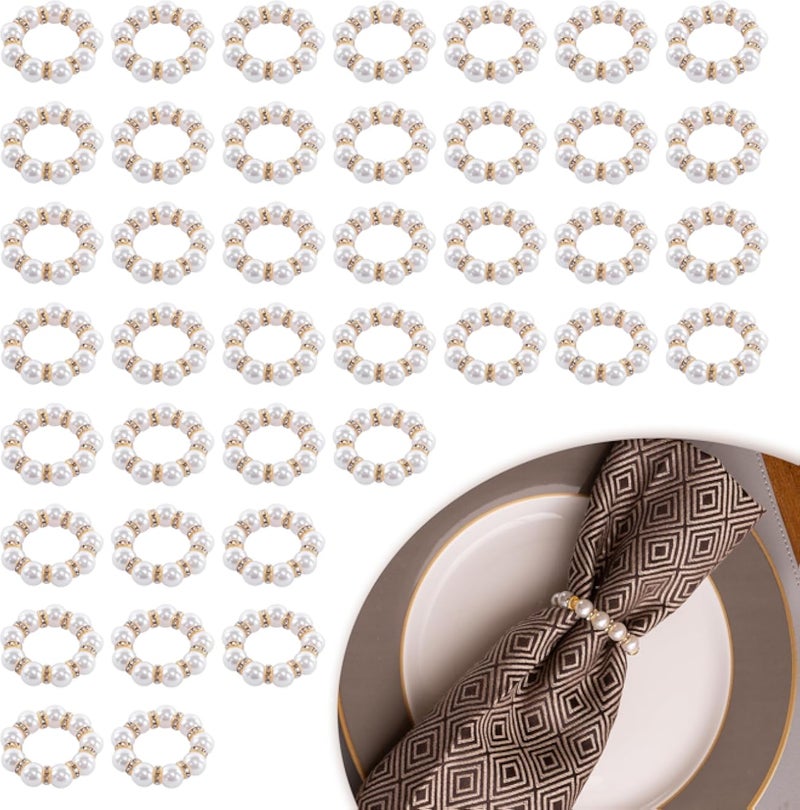 40 Pcs Pearl Napkin Rings Gold Napkin Ring Holder Beaded Rhinestone Serviette Rings Buckle with Elastic for Formal Wedding Bridal Shower Home Dinner Party Table Decor