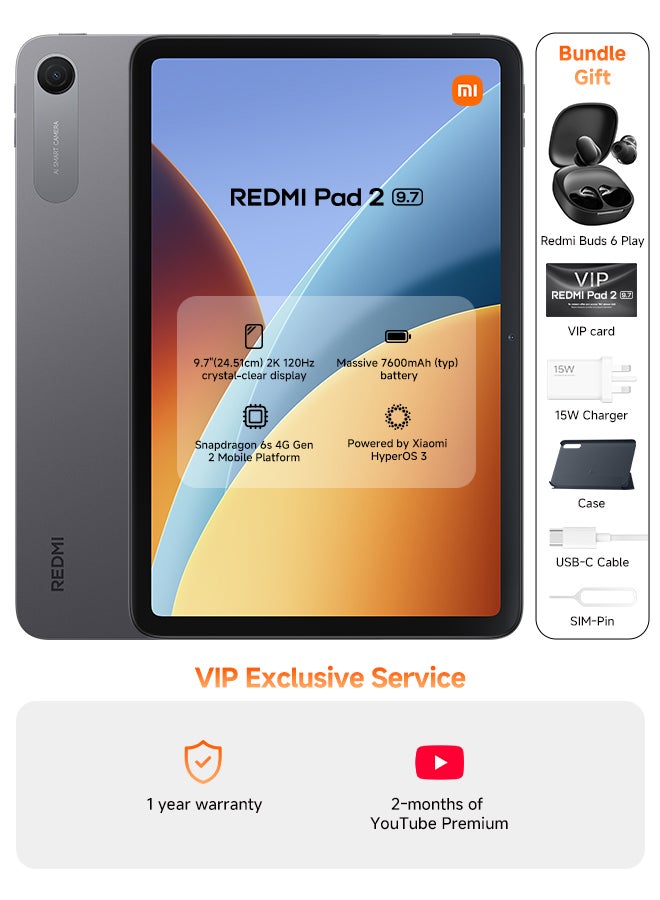 شاومي REDMI Pad 2 9.7-inch Graphite Gray 4GB RAM 128GB WiFi with Cover + Redmi Buds 6 play - Global Version - Image 1