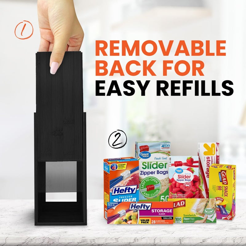 mHomeBilt Bag Storage Organizer - Bamboo Food Plastic Baggie Holder, Dispenser, and Container for Kitchen Drawer - Fits Major Brand's Gallon, Quart, Sandwich & Snack Sized Slider Bags (Black) - Image 5