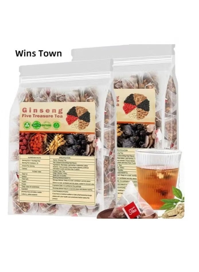 Wins Town Ginseng Five Treasure Tea – Herbal Blend with Red Dates, Goji Berries, Mulberries, Astragalus & Ginseng – 5g × 20 Bags × 2 Packs - Image 1