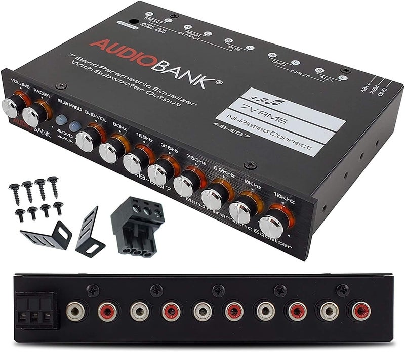 Audiobank EQ7 1/2 Din 7 Band Car Audio Equalizer EQ w/Front, Rear/Frequency Adjustable /3 RCA Input for Portable Devices + Subwoofer Output Built-in 43-120Hz, 60-200Hz - Image 1