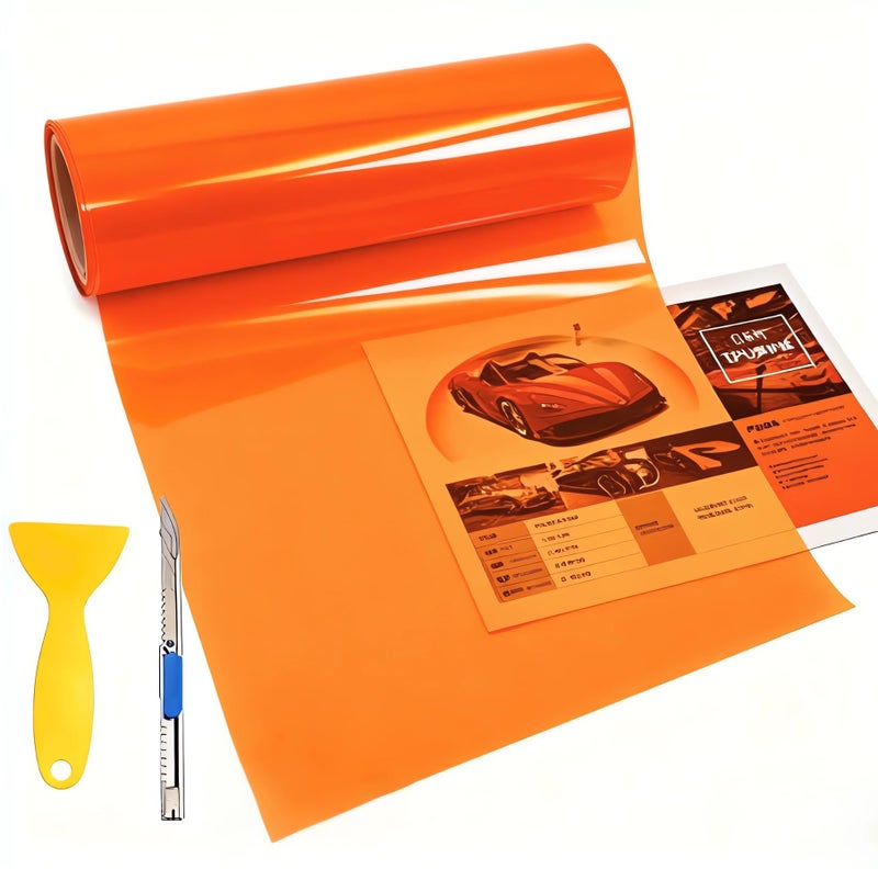 KOMAS 12 X 48 Tint Vinyl Film Sticker Sheet Roll for Car Headlight Tail Lights Fog Lights with Squeegee  Cutter Glossy Orange