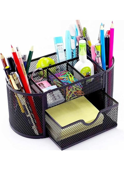 Mesh Desk Organiser Large Capacity Desk Tidy Metal Pen Holder With 8 Compartments And 1 Drawer Multi Functional Stationery Storage Container Box For Kids Home Office School