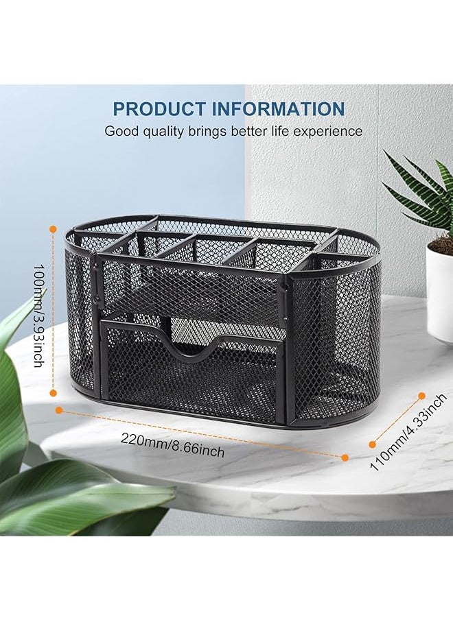 Mesh Desk Organiser Large Capacity Desk Tidy Metal Pen Holder With 8 Compartments And 1 Drawer Multi Functional Stationery Storage Container Box For Kids Home Office School