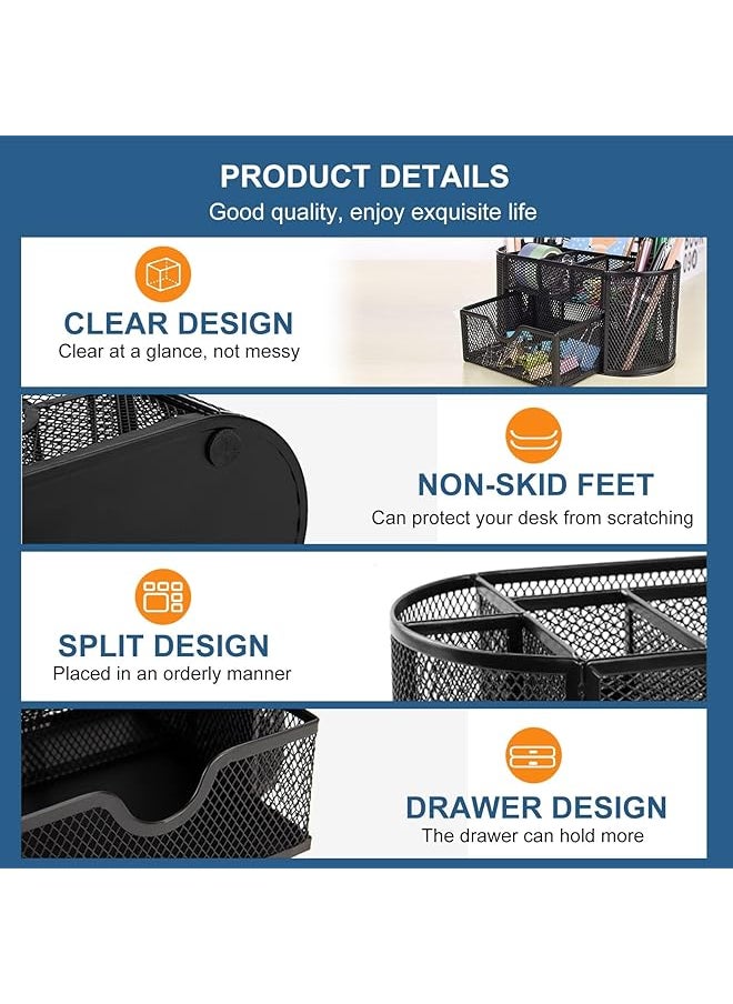 Mesh Desk Organiser Large Capacity Desk Tidy Metal Pen Holder With 8 Compartments And 1 Drawer Multi Functional Stationery Storage Container Box For Kids Home Office School