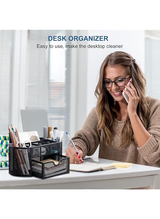 Mesh Desk Organiser Large Capacity Desk Tidy Metal Pen Holder With 8 Compartments And 1 Drawer Multi Functional Stationery Storage Container Box For Kids Home Office School